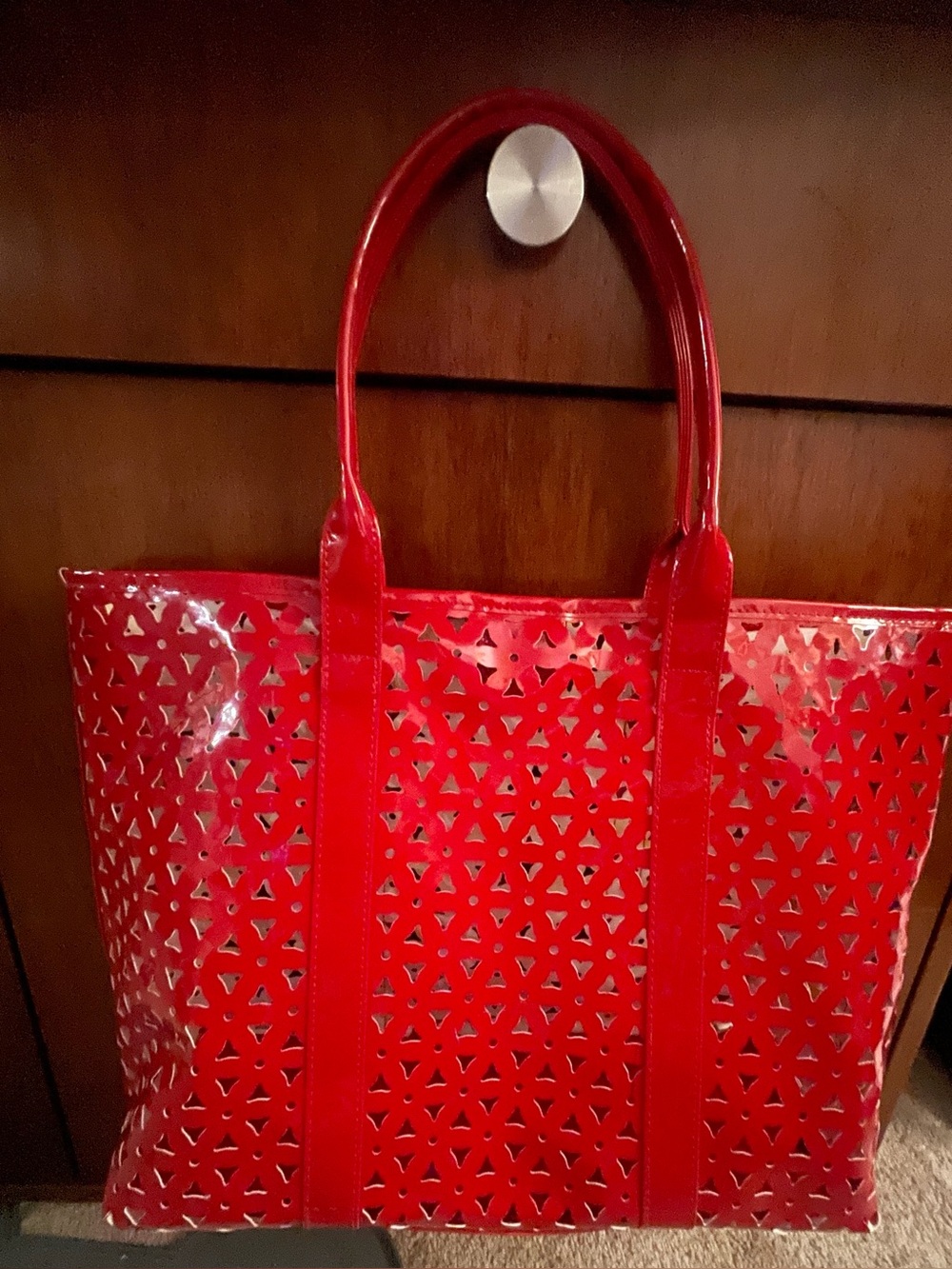 Red Perforated  Ester Lauder Tote Bag 
Stylish Everyday Carry